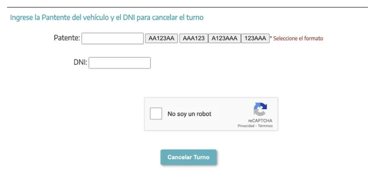 Pantalla para cancelar el turno de la VTV en Azul con patente y DNI