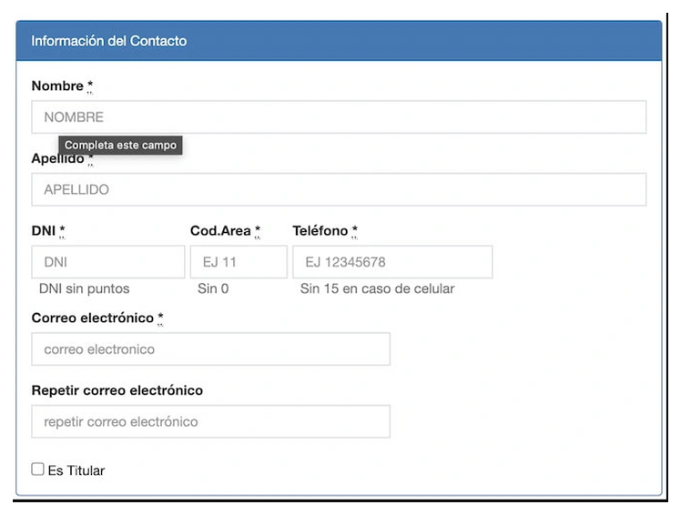 Paso 2 para sacar turno de la VTV en Azul: información del contacto